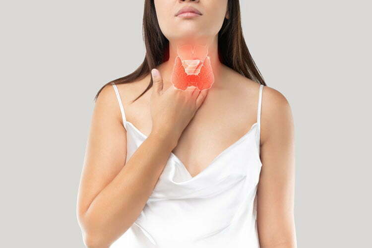 Women thyroid gland control. Sore throat of a people on gray bac